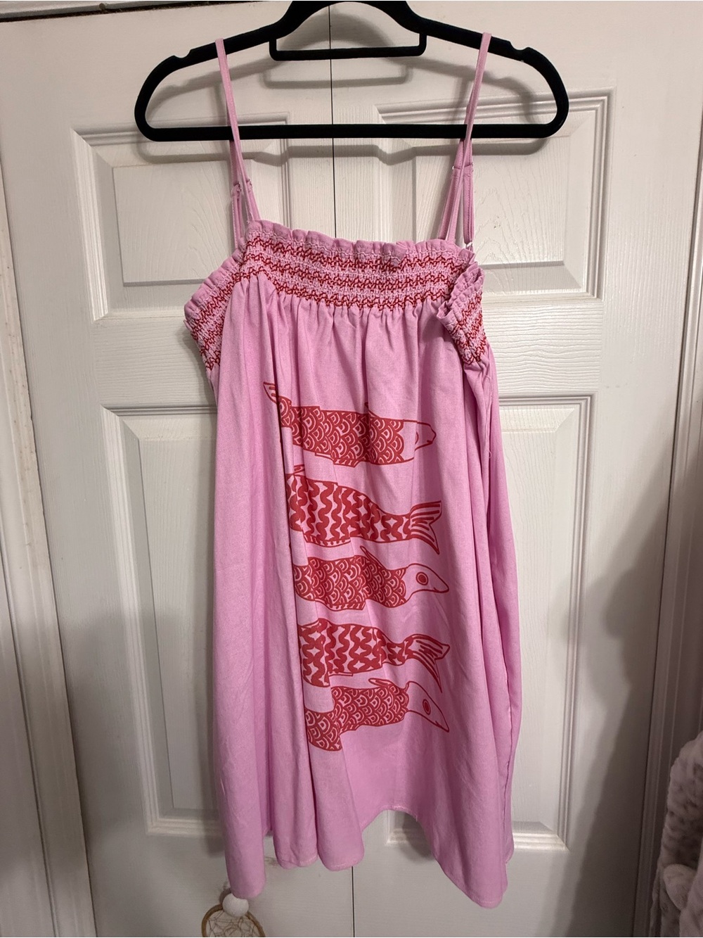 Pink Smocked Mini Dress with Red Fish Print